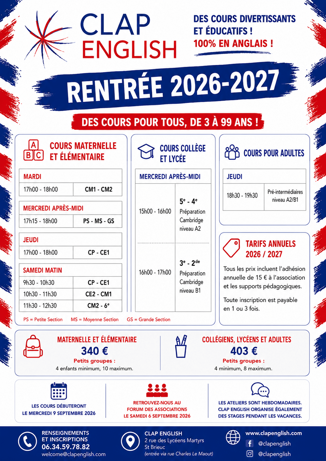 Emploi du temps CLAP ENGLISH 2026-2027